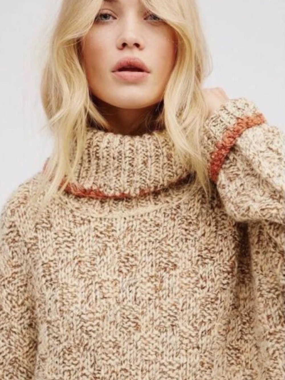 Free People Echo Pullover Marled Beige Turtleneck Sweater with Orange Accent NWT